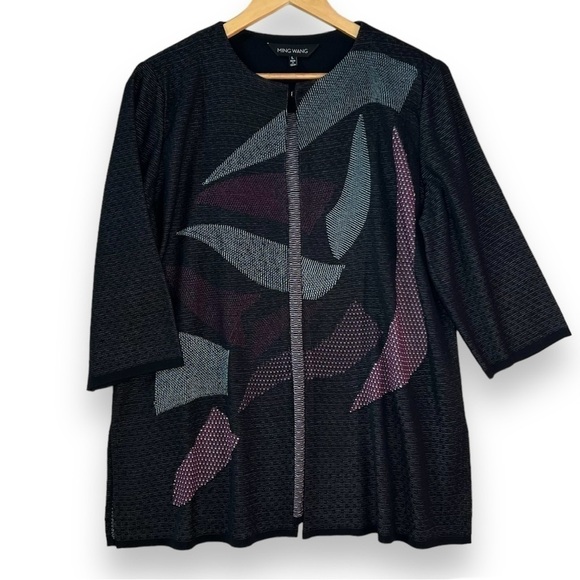 Ming Wang Sweaters - Ming Wang Open Front Jacket Womens L Large 3/4 sleeve Aqua Black Purple Cardigan